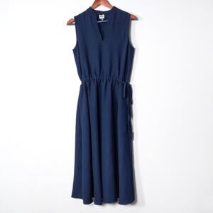 Anne Klein Midi Dress V Neck Drawstring Waist Navy Size 6 Quiet Luxury